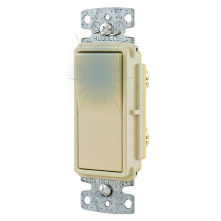 HUBBELL WIRING DEVICE-KELLEMS TradeSelect, Decorator Switch, Residential Grade, Rocker Switch, General Purpose AC, Illuminated Single Pole, 15A 120/277V AC, Push Back and Side RSD115ILI